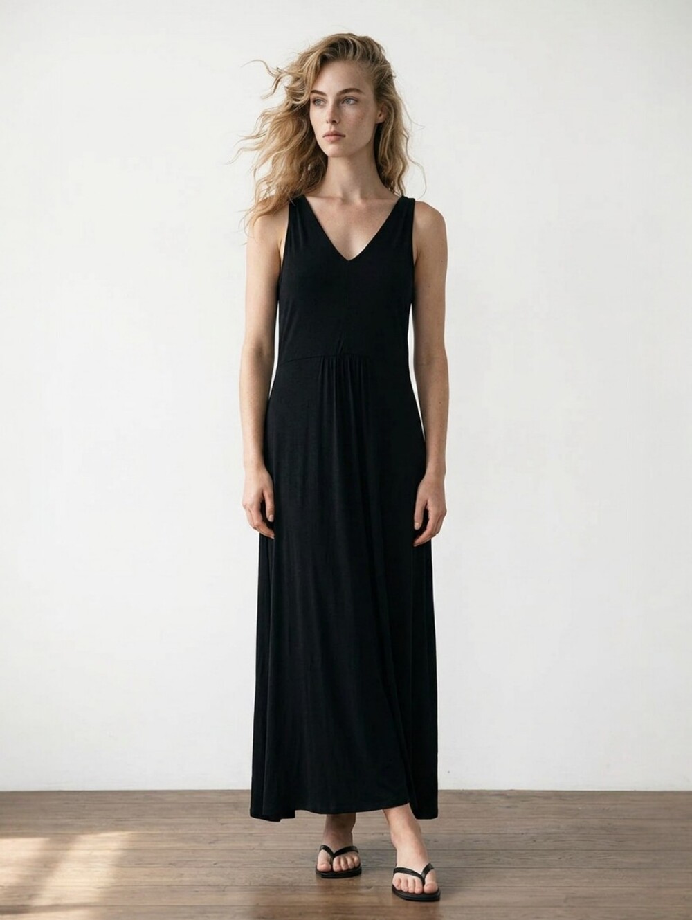 Boden Tank Maxi Dress Womens 18R 22R Stretch Black V-Neck Pullover J0440 Pleat